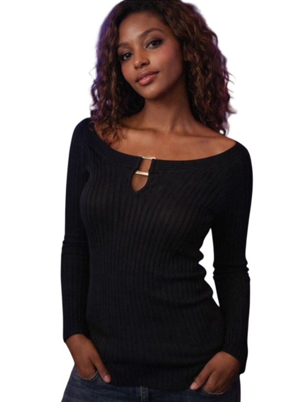 Womens Y2K Clubwear Top Ribbed Knit Silk Blend Buckle Accent Bodycon Size S Blk